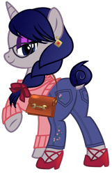 Size: 578x898 | Tagged: safe, artist:crabbito, edit, vector edit, oc, oc only, oc:moonlit silver, unicorn, base used, bayonetta, clothes, cosplay, costume, denim, dock, ear piercing, earring, eyelashes, eyeshadow, female, from behind, glasses, gradient mane, gradient tail, gray coat, heels on a horse, high heels, horn, jeans, jewelry, lidded eyes, long mane, looking at you, makeup, pants, piercing, pigtails, ribbon, ribbon bow tie, shoes, simple background, smiling, smiling at you, solo, sultry, sultry pose, sweater, tail, tail bun, twintails, unicorn oc, vector, witch