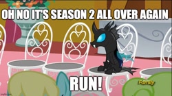 Size: 888x499 | Tagged: safe, edit, edited screencap, editor:railpony, screencap, daisy, flower wishes, kevin, sassaflash, changeling, earth pony, pegasus, pony, g4, season 5, slice of life (episode), caption, chair, discovery family, discovery family logo, female, flower, imgflip, impact font, logo, looking right, male, male and female, mare, marriage, meme, nostalgia critic, table, text, that one changeling, town hall, trio, trio male and female, vase, wedding