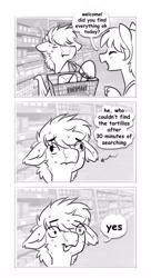 Size: 2234x4096 | Tagged: safe, artist:opalacorn, oc, oc only, oc:enclave, bat pony, pony, black and white, comic, dialogue, duo, floppy ears, grayscale, grocery store, monochrome, speech bubble, sweat