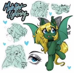 Size: 4096x4041 | Tagged: safe, artist:opalacorn, oc, oc only, oc:midnight lightning, bat pony, pony, bat pony oc, bow, commission, ear piercing, earring, eyeshadow, female, flying, hair bow, headphones, heart, jewelry, makeup, makeup brush, mare, music notes, name, piercing, simple background, solo, spread wings, tongue out, white background, wings