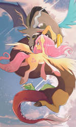 Size: 2296x3859 | Tagged: safe, artist:shyvi, discord, fluttershy, draconequus, pony, g4, duo, duo male and female, female, flying, high res, male, mare, open mouth, open smile, smiling, unshorn fetlocks