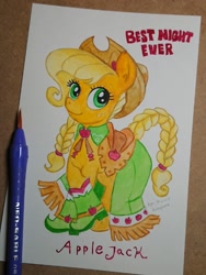 Size: 1536x2048 | Tagged: safe, artist:daisymane, applejack, earth pony, pony, g4, the best night ever, braid, braided tail, clothes, dress, female, gala dress, looking at you, mare, smiling, smiling at you, solo, tail, traditional art