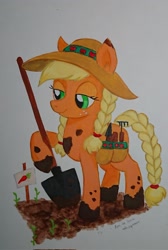 Size: 1374x2048 | Tagged: safe, artist:daisymane, applejack, earth pony, pony, g4, alternate hairstyle, bag, braid, braided tail, female, hat, lidded eyes, mare, mud, saddle bag, shovel, solo, sun hat, tail, traditional art