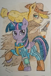 Size: 1376x2048 | Tagged: safe, artist:daisymane, applejack, twilight sparkle, alicorn, earth pony, pony, fallout equestria, g4, clothes, duo, duo female, female, gun, handgun, hoof hold, jumpsuit, mare, pipbuck, revolver, traditional art, twilight sparkle (alicorn), vault suit