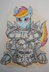 Size: 1398x2048 | Tagged: safe, artist:daisymane, rainbow dash, pegasus, pony, fallout equestria, g4, armor, fallout, female, helmet, looking at you, mare, power armor, solo, traditional art