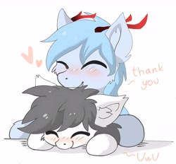 Size: 6552x6080 | Tagged: safe, artist:rinloong, oc, oc only, oc:north skylight, oc:rinloong, dragon, earth pony, pony, blushing, cheek fluff, cute, eyes closed, female, floppy ears, hug, male, mare, simple background, smiling, stallion, white background