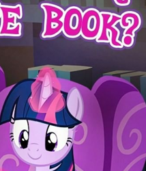 Size: 331x386 | Tagged: safe, gameloft, twilight sparkle, pony, g4, my little pony: magic princess, book, cropped, english, female, glowing, glowing horn, horn, mare, meme, question, question mark, solo, text, that pony sure does love books, wow! glimmer