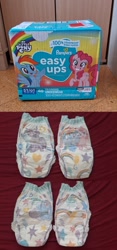 Size: 1080x2311 | Tagged: safe, pinkie pie, rainbow dash, twilight sparkle, alicorn, earth pony, pegasus, pony, g4, diaper, irl, pampers, pampers easy ups, photo, twilight sparkle (alicorn)