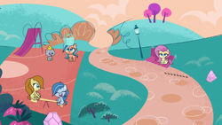 Size: 1280x720 | Tagged: safe, screencap, caramel latte, fluttershy, misty rain, orange zest, ant, earth pony, insect, pegasus, pony, cute-pocalypse meow, g4, g4.5, my little pony: pony life, ants, baby, baby pony, colt, female, foal, male, mare, playground, sitting, unnamed character, unnamed pony