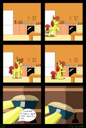 Size: 3943x5883 | Tagged: safe, artist:icycrymelon, apple bloom, earth pony, pony, g4, spoiler:comic, apple, apple pie, comic, dialogue, female, filly, foal, food, kitchen, note, pie, refrigerator, solo