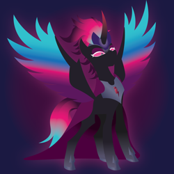 Size: 2100x2100 | Tagged: safe, artist:prixy05, zipp storm, alicorn, pony, g5, alicornified, cape, clothes, colored horn, colored wings, corrupted, curved horn, dark background, female, glowing, glowing eyes, gradient hair, gradient hooves, gradient horn, gradient wings, gradient wingtips, horn, jewelry, lineless, mare, nightmare zipp, nightmarified, race swap, regalia, simple background, solo, wings, zippcorn