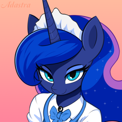 Size: 1194x1194 | Tagged: safe, artist:adastra, derpibooru exclusive, princess luna, alicorn, anthro, g4, clothes, dress, gradient background, looking at you, maid, maid headdress, ribbon, solo