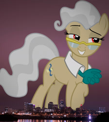 Size: 1366x1524 | Tagged: safe, artist:tardifice, edit, editor:jaredking779, mayor mare, earth pony, pony, g4, alternate eye color, attack on pony, collar, cravat, female, giant pony, giantess, glasses, grin, highrise ponies, irl, kansas city, lidded eyes, macro, mare, missouri, photo, ponies in real life, raised hoof, red eyes, smiling, solo, story included, vulgar description, wrong eye color