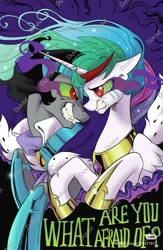 Size: 1080x1661 | Tagged: safe, artist:duvivi, idw, king sombra, princess celestia, alicorn, pony, unicorn, g4, reflections, spoiler:comic, crying, dark magic, duo, duo male and female, female, former good king sombra, good king sombra, horn, i can't believe it's not idw, looking at each other, looking at someone, magic, male, mare, sad, sombra eyes, stallion, tragic, watermark