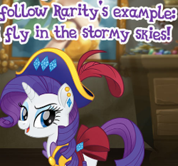 Size: 261x243 | Tagged: safe, gameloft, rarity, pony, unicorn, g4, my little pony: magic princess, my little pony: the movie, advice, bad advice, bad advice rarity, cropped, english, female, horn, looking at you, mare, meme, pirate, pirate rarity, smiling, smirk, solo, text, wow! glimmer