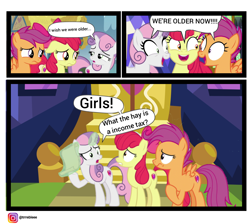 Size: 2048x1832 | Tagged: safe, artist:trrriple0dds, edit, edited screencap, screencap, apple bloom, scootaloo, sweetie belle, earth pony, pegasus, pony, unicorn, g4, growing up is hard to do, bow, comic, cutie mark crusaders, female, filly, foal, glowing, glowing horn, grin, gritted teeth, hair bow, horn, levitation, magic, mare, meme, older, older apple bloom, older cmc, older scootaloo, older sweetie belle, open mouth, screencap comic, smiling, speech bubble, spread wings, taxes, teeth, telekinesis, trio, trio female, twilight's castle, wings