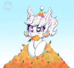 Size: 4312x4000 | Tagged: safe, artist:confetticakez, oc, oc only, oc:confetti cupcake, bat pony, pony, absurd resolution, atg 2021, bat pony oc, blushing, cute, ear fluff, ear tufts, female, food, gradient background, hat, heart, heart eyes, herbivore, mango, mare, newbie artist training grounds, ocbetes, party hat, smiling, solo, sparkles, weapons-grade cute, wingding eyes