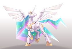 Size: 6300x4300 | Tagged: safe, artist:chopchopguy, princess celestia, alicorn, pony, robot, robot pony, g4, absurd resolution, curved horn, gradient background, horn, long mane, raised hoof, robolestia, roboticization, solo, spread wings, standing on two hooves, wings