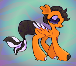 Size: 3958x3441 | Tagged: safe, artist:larvaecandy, oc, oc only, oc:golden sky, pegasus, pony, abstract background, artfight, big hooves, black mane, black tail, blush lines, blushing, colored hooves, colored sclera, colored wings, colored wingtips, eyelashes, female, fetlock tuft, fish tail, folded wings, gift art, high res, hooves, long legs, mare, mare oc, mismatched hooves, missing cutie mark, multicolored hooves, no pupils, orange coat, pegasus oc, profile, purple eyes, purple sclera, shiny mane, shiny tail, short mane, smiling, solo, standing, tail, two toned tail, two toned wings, walking, white hooves, white wingtips, wingding eyes, wings