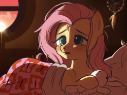 Size: 2732x2048 | Tagged: safe, artist:omletische, fluttershy, pegasus, pony, g4, bed, blanket, blushing, bunny plushie, cute, dreamcatcher, ear fluff, female, high res, in bed, lidded eyes, mare, messy mane, morning ponies, open mouth, plushie, shyabetes, sleepy, solo, sunrise, waking up