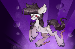 Size: 1580x1028 | Tagged: safe, artist:koidial, oc, oc only, oc:quicksilver quartz, earth pony, pony, artfight, bangs, belly fluff, big ears, brown eyelashes, brown mane, brown tail, bubble, chest fluff, cloven hooves, colored eyelashes, colored fetlock, colored hooves, dock, ear fluff, earth pony oc, eye clipping through hair, eyebrows, eyebrows visible through hair, eyelashes, female, fetlock tuft, frown, gift art, glasses, gray coat, gray hooves, hock fluff, hooves, looking down, mare, mare oc, ponysona, rearing, red eyes, round glasses, shiny mane, shiny tail, signature, silver coat, slender, solo, speedpaint available, straight mane, straight tail, sunburst background, tail, thin, thin legs, unshorn fetlocks, wavy tail