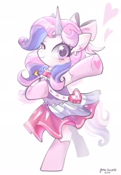 Size: 1421x2048 | Tagged: safe, artist:petaltwinkle, oc, oc only, oc:sugarswirl, pony, unicorn, bag, bipedal, blushing, bow, choker, clothes, colored eyelashes, colored horn, curly mane, dress, ear fluff, ear piercing, earring, eye clipping through hair, eyelashes, female, floating heart, frilly dress, frilly skirt, gradient ears, hair accessory, hair bow, heart, heart choker, heart earring, heart eyes, horn, jewelry, long socks, looking at you, makeup, mane accessory, mare, mare oc, multicolored mane, multicolored tail, one eye closed, piercing, pink bow, pink eyes, pink skirt, pink socks, purple eyelashes, raised hoof, shiny eyes, shoulder bag, signature, simple background, smiling, smiling at you, socks, solo, standing, tail, unicorn horn, unicorn oc, white background, white coat, wingding eyes, wink