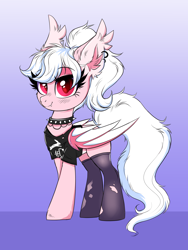 Size: 3000x4000 | Tagged: safe, artist:confetticakez, oc, oc only, oc:cream puff, bat pony, pony, bat pony oc, bat wings, blushing, choker, clothes, ear fluff, ear piercing, ear tufts, earring, eyebrows, eyebrows visible through hair, fangs, female, folded wings, gradient background, high res, jewelry, looking at you, mare, piercing, punk, ripped stockings, shirt, smiling, smiling at you, solo, spiked choker, stockings, tail, thigh highs, torn clothes, wings