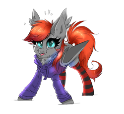 Size: 2109x1935 | Tagged: safe, artist:confetticakez, oc, oc only, oc:grem, bat pony, pony, :p, bat pony oc, bat wings, chest fluff, clothes, ear fluff, ear tufts, eyebrows, eyebrows visible through hair, fangs, female, fluffy, folded wings, grembetes, high res, hoodie, looking at you, mare, simple background, smiling, smiling at you, socks, solo, striped socks, tail, tongue out, white background, wings