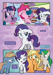 Size: 1920x2715 | Tagged: safe, artist:alexdti, applejack, pinkie pie, rarity, twilight sparkle, oc, oc:brainstorm (alexdti), oc:star logic, alicorn, pony, comic:how we met, g4, blushing, donut, female, filly, filly applejack, filly rarity, floppy ears, food, twilight sparkle (alicorn), younger