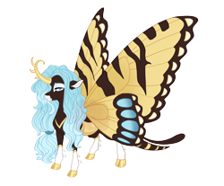 Size: 5200x4300 | Tagged: safe, artist:gigason, oc, oc only, oc:tigris, changedling, changeling, absurd resolution, adoptable, blue eyes, blue mane, brown coat, butterfly wings, changedling oc, changeling oc, cloven hooves, coat markings, colored belly, colored eyebrows, colored hooves, colored horn, colored muzzle, colored pinnae, colored sclera, curved horn, ear fluff, eye markings, facial markings, fangs, female, floppy ears, frown, gradient mane, hooves, horn, lidded eyes, long horn, long mane, looking back, offspring, pale belly, parent:oc:elytra, parent:oc:karner, parents:oc x oc, shiny hooves, shiny horn, short, simple background, snip (coat marking), socks (coat markings), solo, spiked horn, spikes, standing, tied mane, transparent background, unique tail, watermark, wavy mane, wings, yellow hooves