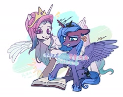 Size: 1646x1303 | Tagged: safe, artist:shiqiuzhu, idw, princess celestia, princess luna, alicorn, pony, g4, legends of magic #1, my little pony: legends of magic, book, cross-popping veins, duo, duo female, emanata, female, gritted teeth, horn, luna is not amused, mare, royal sisters, scene interpretation, siblings, simple background, sisters, smoking horn, teeth, unamused, white background