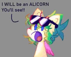 Size: 894x721 | Tagged: safe, artist:maxis_da_hades, oc, oc only, oc:second place, pony, unicorn, fake wings, gray background, horn, not celestia, simple background, solo, sunglasses, text