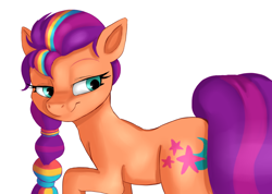 Size: 1240x883 | Tagged: safe, artist:jbond, artist:tre, color edit, edit, sunny starscout, earth pony, pony, g5, bedroom eyes, braid, braided ponytail, colored, covering, female, flank, hairband, looking back, mane stripe sunny, mare, ponytail, raised hoof, simple background, smiling, solo, tail, tail covering, white background