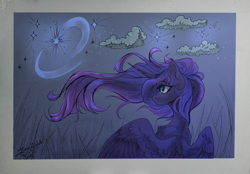 Size: 4000x2789 | Tagged: safe, artist:jsunlight, princess luna, alicorn, pony, g4, cloud, female, horn, mare, night, night sky, partially open wings, passepartout, signature, sky, solo, traditional art, windswept mane, wings
