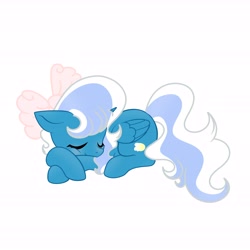 Size: 6890x6890 | Tagged: safe, artist:riofluttershy, oc, oc only, oc:fleurbelle, alicorn, pony, alicorn oc, blue coat, blushing, bow, eyelashes, eyes closed, female, folded wings, hair accessory, hair bow, horn, lying down, mane accessory, mare, pink bow, prone, simple background, sleeping, solo, tail, two toned mane, two toned tail, wavy mane, wavy tail, white background, wings