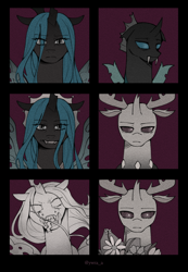 Size: 1420x2053 | Tagged: safe, artist:ywraa, queen chrysalis, thorax, changedling, changeling, changeling queen, g4, aggressive, duo, duo male and female, female, harsher in hindsight, king thorax, male, mother and child, mother and son, petrification, tragedy, tragic