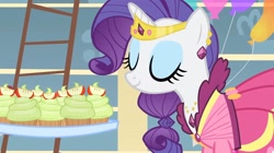 Size: 2160x1207 | Tagged: safe, screencap, rarity, pony, unicorn, a bird in the hoof, g4, my little pony: friendship is magic, season 1, alternate hairstyle, balloon, beautiful, clothes, dress, ear piercing, earring, elegant, eyes closed, food, gown, horn, jewelry, ladder, party, piercing, rarity's first gala dress, solo, sugarcube corner, tiara, tray