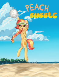 Size: 2490x3233 | Tagged: safe, artist:aasuri-art, oc, oc only, oc:peach bubble, pony, unicorn, ball, beach, belly, braid, cap, chest fluff, cloud, hat, high res, horn, ocean, solo, sports, unshorn fetlocks, volleyball, water