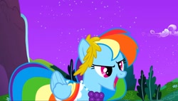 Size: 2137x1214 | Tagged: safe, screencap, rainbow dash, pegasus, pony, g4, season 1, the best night ever, alternate hairstyle, at the gala, beautiful, bush, canterlot, clothes, determined, determined face, determined look, determined smile, dress, female, gala, gala dress, gown, grand galloping gala, grass, mare, night, rainbow dash's first gala dress, singing, solo, stars, water, waterfall