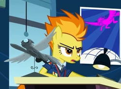 Size: 1636x1203 | Tagged: safe, screencap, spitfire, pegasus, pony, g4, my little pony: friendship is magic, wonderbolts academy, annoyed, captain of the wonderbolts, clothes, cropped, desk, drill sergeant, female, lamp, mare, necktie, poster, solo, spitfire's office, spitfire's tie, suit, uniform, window, wonderbolts dress uniform, wonderbolts headquarters