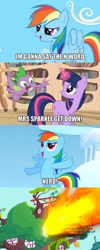 Size: 416x1040 | Tagged: source needed, safe, edit, edited screencap, screencap, rainbow dash, spike, twilight sparkle, dragon, pegasus, pony, unicorn, g4, my little pony: friendship is magic, twilight's kingdom, comic, explosion, female, fire, golden oaks library, impact font, male, mare, meme, n word, nerd, screencap comic, sky, trio, unicorn twilight, wingless spike