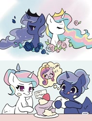 Size: 1024x1350 | Tagged: safe, artist:ayano的百宝袋, princess cadance, princess celestia, princess luna, g4, back to back, baking, cake, cream, cute, cutedance, cutelestia, female, flower, food, lunabetes, rose, strawberry, trio, trio female