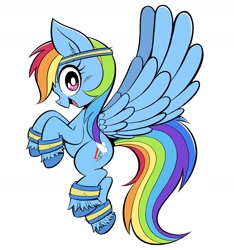 Size: 1743x1864 | Tagged: safe, artist:cubiccitrus, rainbow dash, pegasus, pony, g4, female, flying, headband, hoofband, looking at you, mare, open mouth, open smile, simple background, smiling, smiling at you, solo, spread wings, unshorn fetlocks, white background, wings, wristband