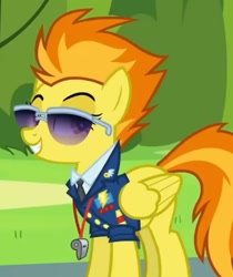 Size: 909x1084 | Tagged: safe, screencap, spitfire, pegasus, pony, g4, season 6, top bolt, bedroom eyes, bush, captain of the wonderbolts, clothes, cloudsdale, cropped, drill sergeant, female, grin, happy, mare, necktie, sexy, smiling, solo, spitfire's tie, spitfire's whistle, stupid sexy spitfire, suit, sunglasses, uniform, whistle, wonderbolts dress uniform