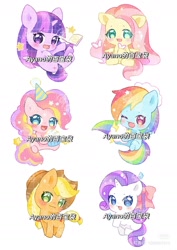 Size: 1080x1528 | Tagged: safe, artist:ayano的百宝袋, applejack, fluttershy, pinkie pie, rainbow dash, rarity, twilight sparkle, earth pony, pegasus, pony, unicorn, g4, chinese, cute, dashabetes, diapinkes, horn, jackabetes, mane six, raribetes, shyabetes, twiabetes, watermark, weapons-grade cute