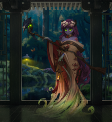 Size: 2704x2939 | Tagged: safe, artist:dogs, derpibooru exclusive, oc, oc only, butterfly, ghost, undead, anthro, anthro oc, clothes, collage, forest, harbingers of the apocalypse, japanese, kimono (clothing), lantern, nature, photoshop, scenery, solo, staff, tree, water, window