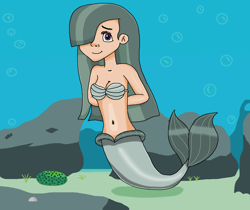 Size: 1074x902 | Tagged: safe, artist:ocean lover, marble pie, human, mermaid, g4, bare shoulders, bashful, beautiful, belly, belly button, boulder, bra, bubble, clothes, curvy, cute, fins, fish tail, hair over one eye, hourglass figure, humanized, innocent, kelp, light skin, long hair, looking up, marblebetes, mermaid tail, mermaidized, midriff, ms paint, ocean, pretty, purple eyes, rock, sand, seashell, seashell bra, shy, smiling, solo, species swap, sponge, tail, tail fin, two toned hair, underwater, underwear, water