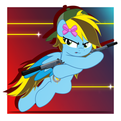 Size: 5000x5000 | Tagged: safe, artist:jhayarr23, oc, oc only, oc:lucky bolt, pegasus, pony, backwards ballcap, baseball cap, bow, cap, commission, cool, determined, female, gradient background, gun, hair bow, hat, passepartout, solo, suppressor, weapon, ych result