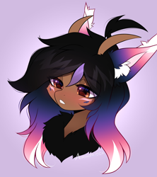 Size: 1332x1501 | Tagged: safe, artist:airiniblock, oc, oc only, oc:alexus nictivia, pegasus, pony, blush lines, blushing, brown coat, brown eyes, brown eyeshadow, bust, chest fluff, colored chest fluff, colored ear fluff, colored ear tufts, colored ears, colored pinnae, curved horns, cute, ear fluff, ear tufts, eye clipping through hair, eyebrows, eyebrows visible through hair, eyeshadow, facial markings, frown, gradient ears, gradient mane, horns, icon, lidded eyes, long ears, long horns, long mane, looking down, makeup, multicolored mane, patreon, patreon reward, pegasus oc, purple background, shiny mane, simple background, solo, tall ears, watermark, wingding eyes