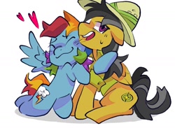 Size: 1677x1229 | Tagged: safe, artist:lound, daring do, rainbow dash, pegasus, pony, g4, :3, blue coat, blush lines, blushing, clothes, duo, duo female, eyebrows, eyebrows visible through hair, eyelashes, eyes closed, fangirl, fangirling, female, floating heart, frown, gray mane, gray tail, hat, heart, hug, long mane, long tail, mare, multicolored hair, multicolored mane, multicolored tail, nervous, nervous smile, open frown, open mouth, open smile, pith helmet, profile, rainbow hair, rainbow tail, raised hooves, shadow, short tail, simple background, sitting, smiling, spread wings, sweat, sweatdrop, tail, tan coat, three toned mane, three toned tail, vest, white background, wings